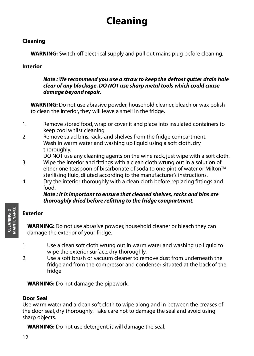Hotpoint RLM64, RLM56, RLM54, RLA56, RLA54 manual Cleaning Interior, Exterior, Door Seal 