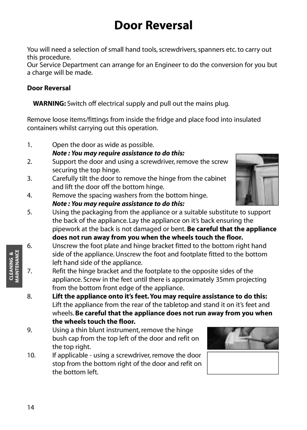 Hotpoint RLA54, RLM56, RLM54, RLM64, RLA56 manual Door Reversal 