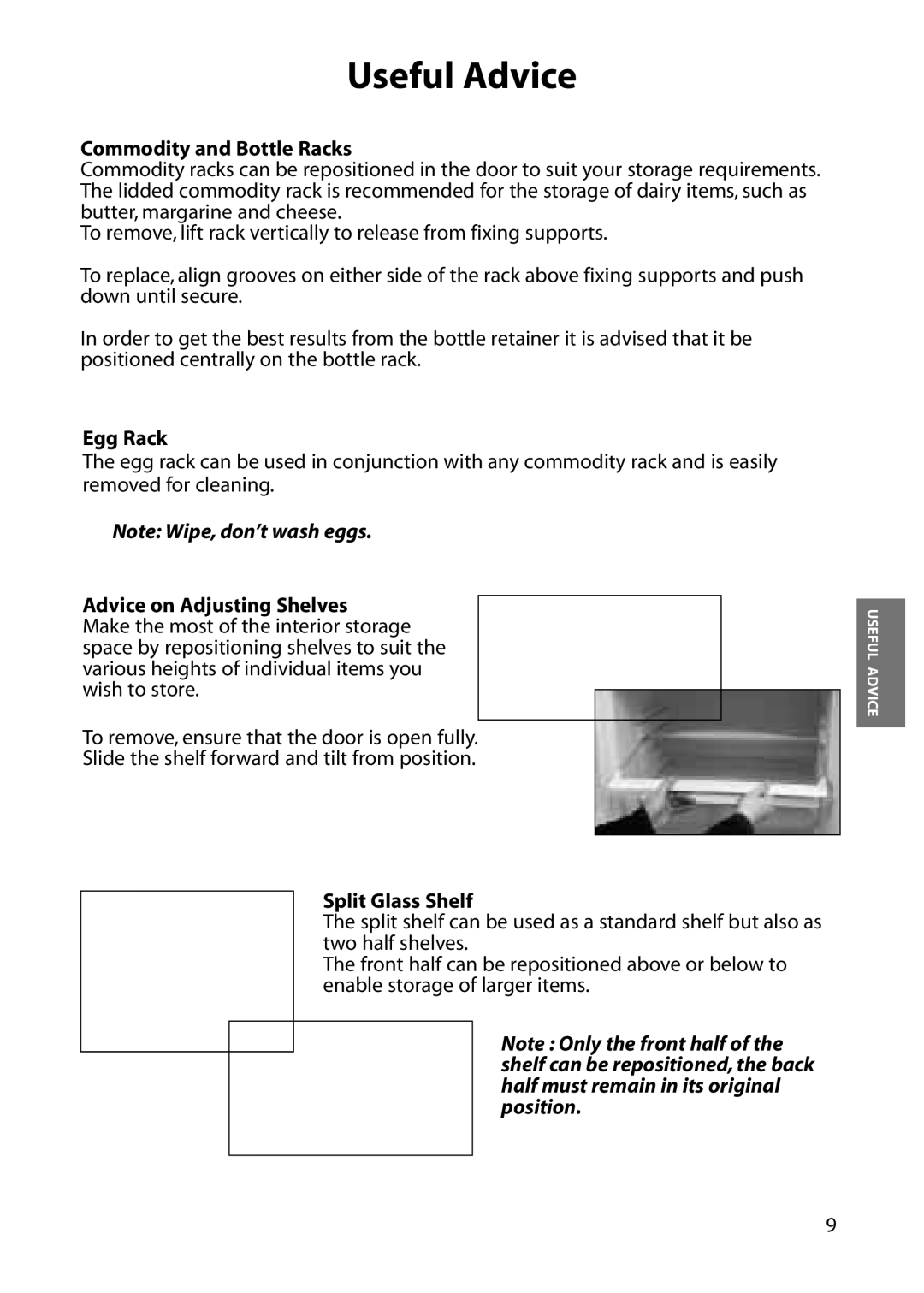 Hotpoint RLA54, RLM56, RLM54, RLM64 Commodity and Bottle Racks, Egg Rack, Advice on Adjusting Shelves, Split Glass Shelf 