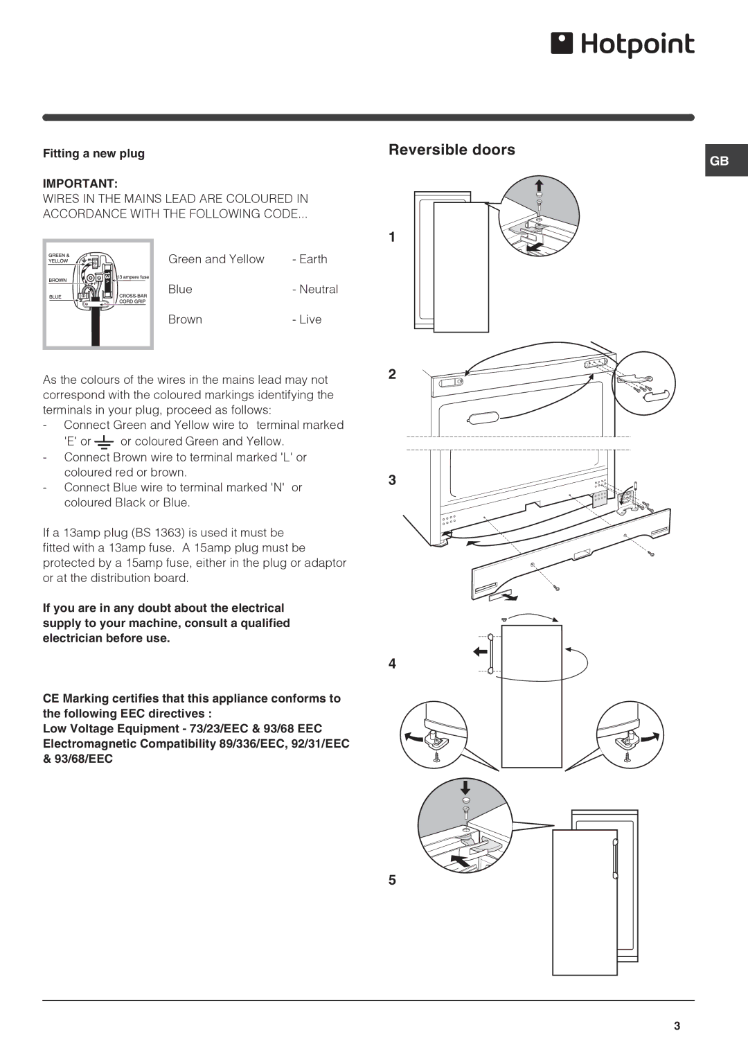 Hotpoint RLS150G manual Reversible doors, Fitting a new plug 