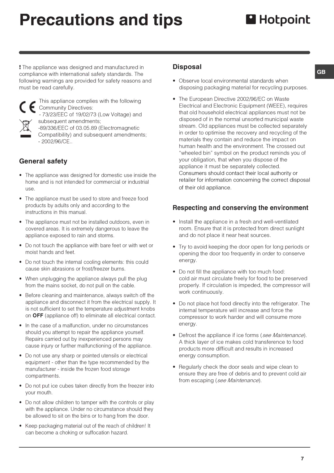 Hotpoint RLS150G manual Precautions and tips, General safety, Disposal, Respecting and conserving the environment 