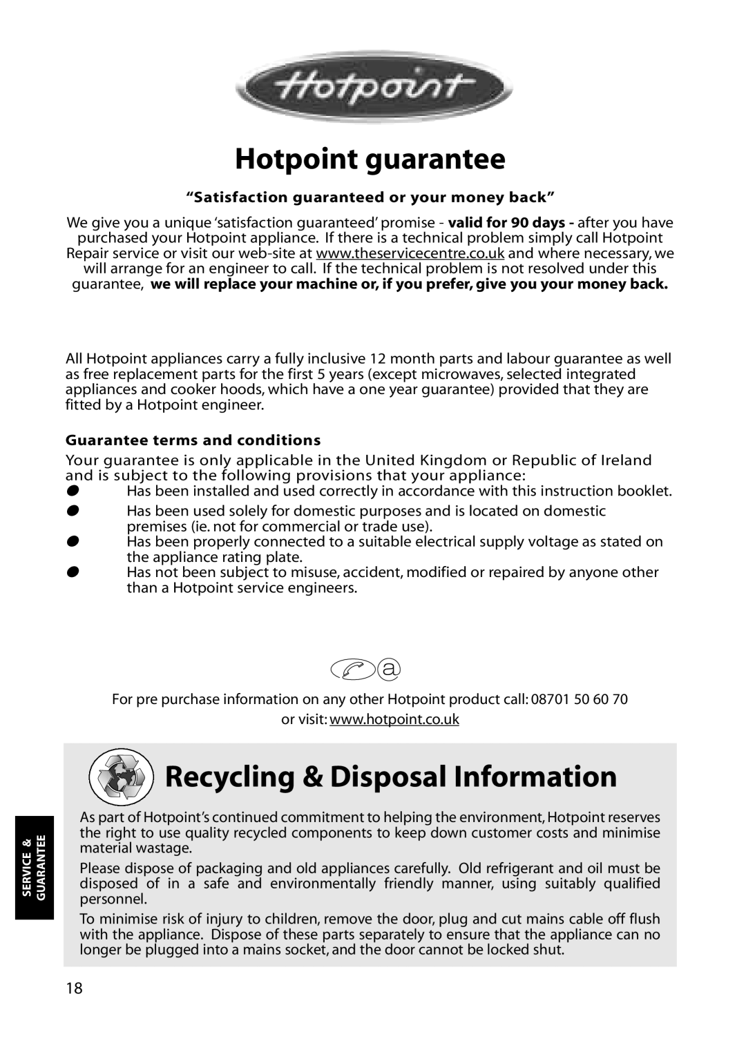 Hotpoint RLS80, RLM80, RLA80 manual Hotpoint guarantee, Recycling & Disposal Information 