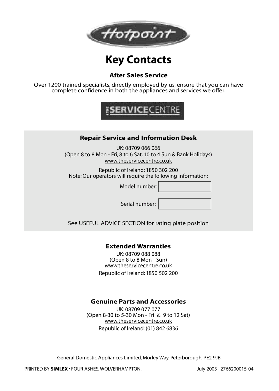 Hotpoint RLA80, RLS80, RLM80 Key Contacts, After Sales Service, Repair Service and Information Desk, Extended Warranties 