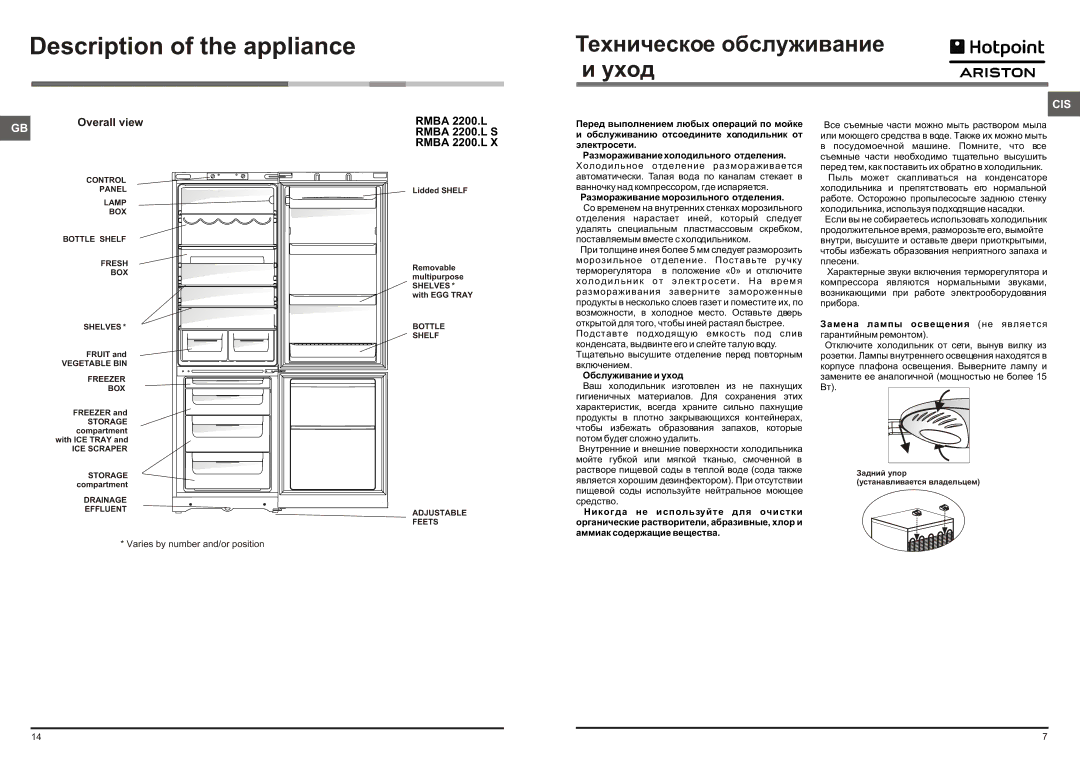 Hotpoint RMBA 2200.L manual Description of the appliance, Overall view, Rmba 2200.L Rmba 2200.L S Rmba 2200.L 