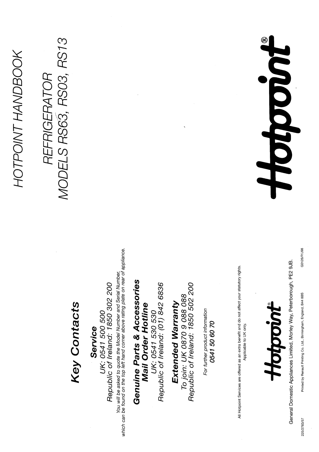 Hotpoint RS13 manual 