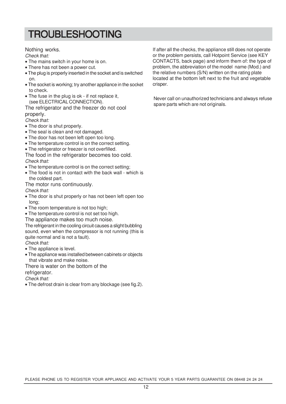 Hotpoint RSA 21, RSAAV21P manual Troubleshooting 