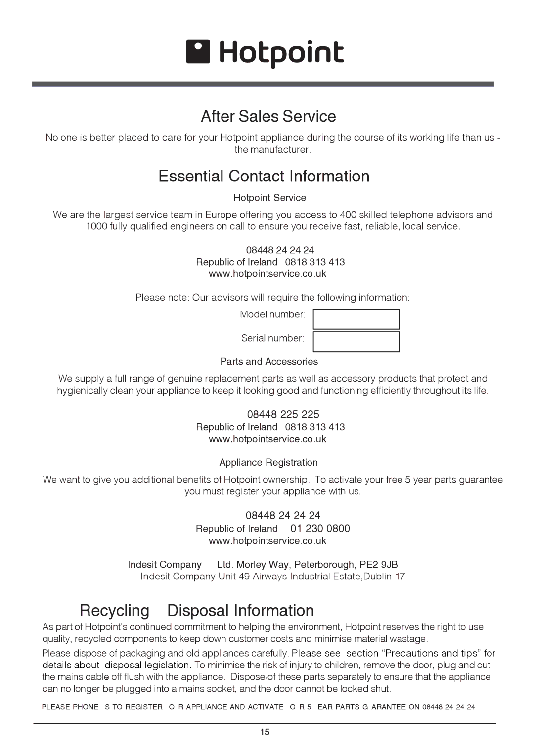 Hotpoint RSAAV21P, RSA 21 manual Hotpoint Service, UK 08448 24 24 Republic of Ireland 0818 313, Parts and Accessories 