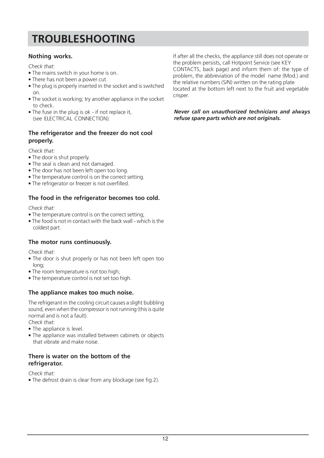 Hotpoint RSA 21 manual Troubleshooting 