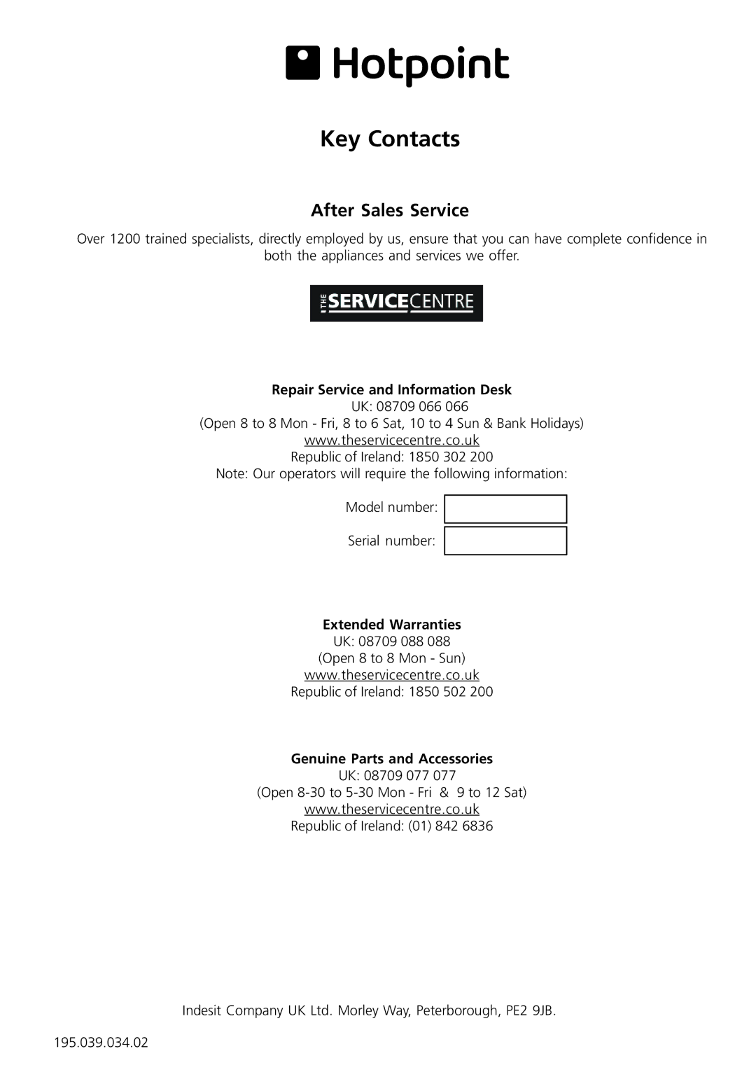 Hotpoint RSA 21 manual Repair Service and Information Desk, Genuine Parts and Accessories 