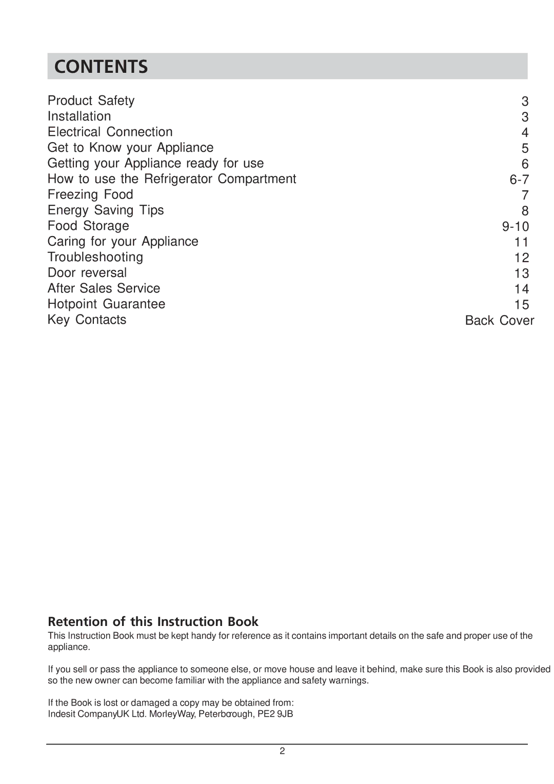 Hotpoint RSA 21 manual Contents 