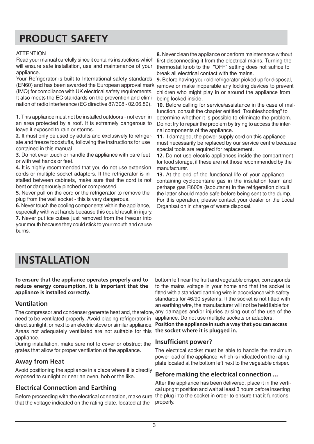 Hotpoint RSA 21 manual Product Safety, Installation 