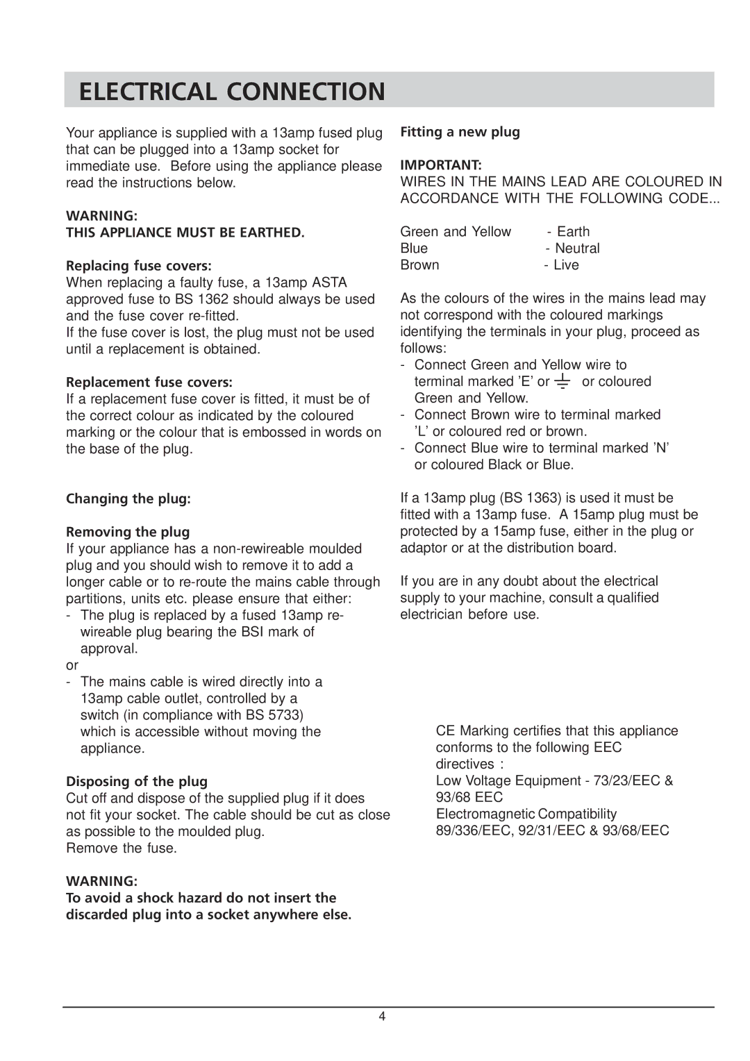 Hotpoint RSA 21 manual Electrical Connection 