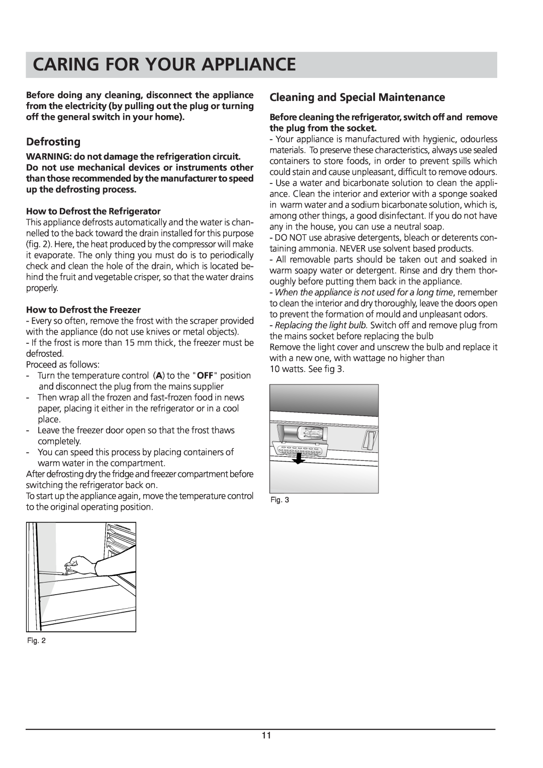 Hotpoint RSA 21 manual Caring For Your Appliance, Defrosting, Cleaning and Special Maintenance 