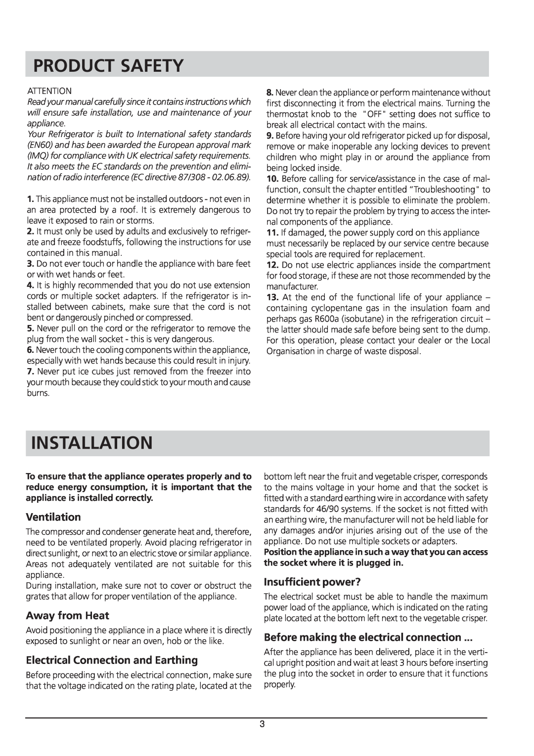 Hotpoint RSA 21 manual Product Safety, Installation, Ventilation, Away from Heat, Electrical Connection and Earthing 