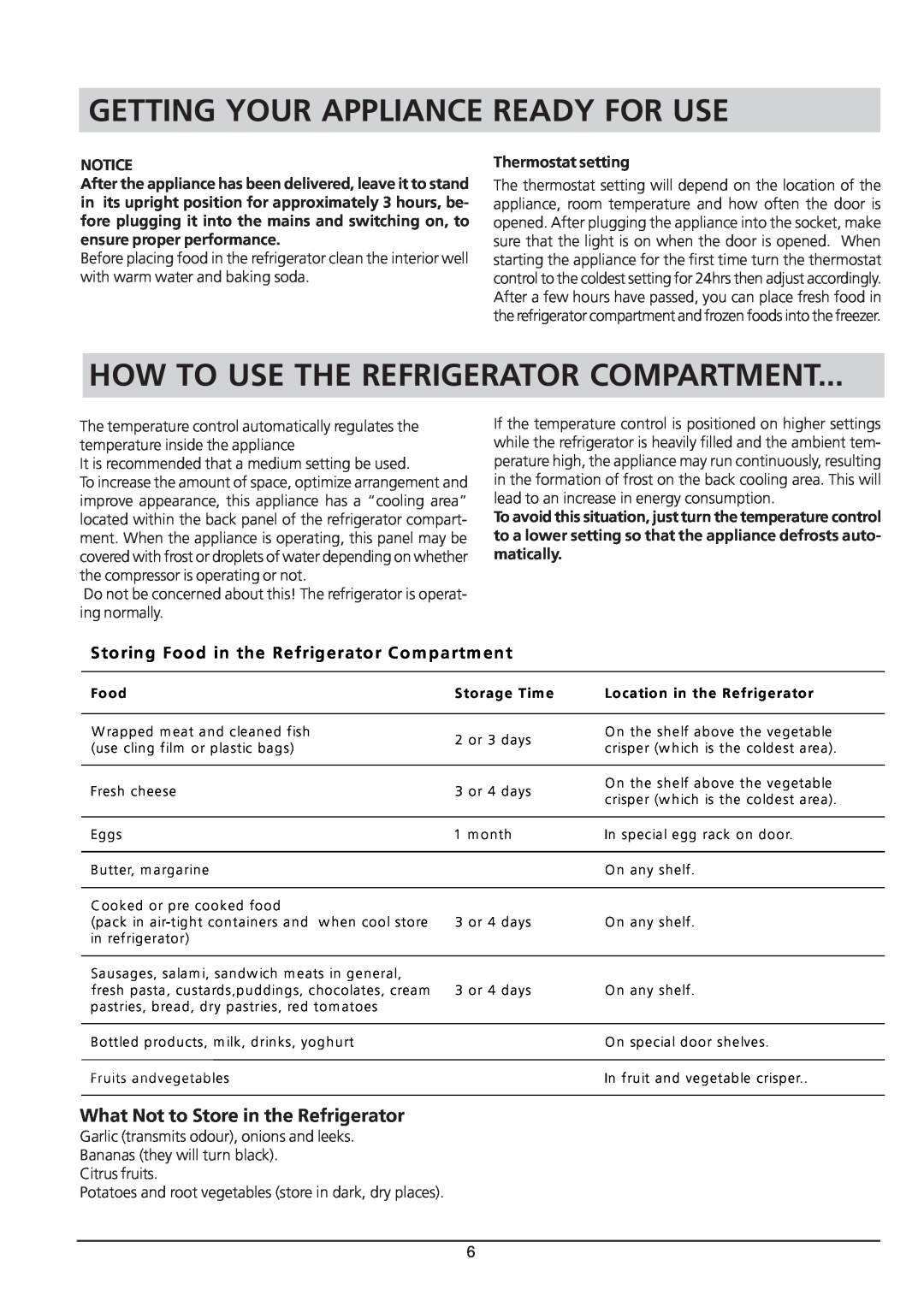 Hotpoint RSA 21 manual Getting Your Appliance Ready For Use, How To Use The Refrigerator Compartment, h T z, g w w 