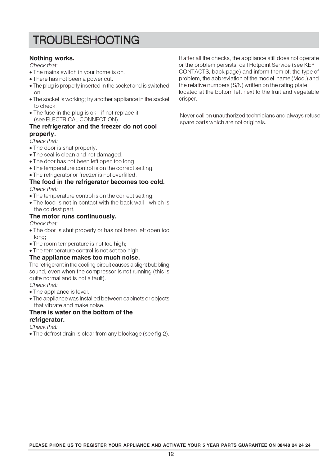 Hotpoint RSA manual Troubleshooting 