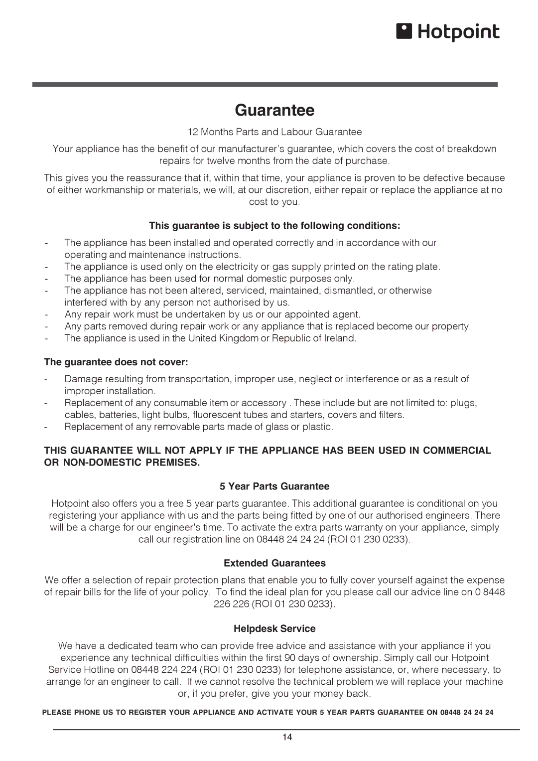 Hotpoint RSA manual This guarantee is subject to the following conditions, Guarantee does not cover, Year Parts Guarantee 