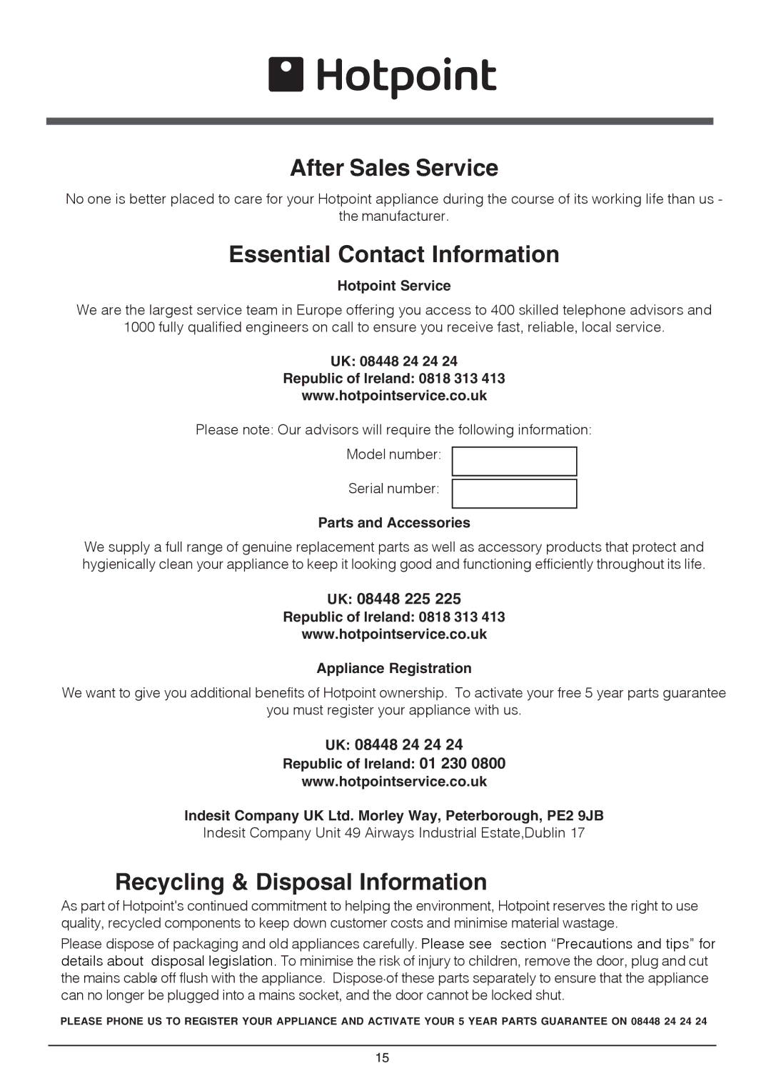 Hotpoint RSA manual Hotpoint Service, UK 08448 24 24 Republic of Ireland 0818 313, Parts and Accessories 