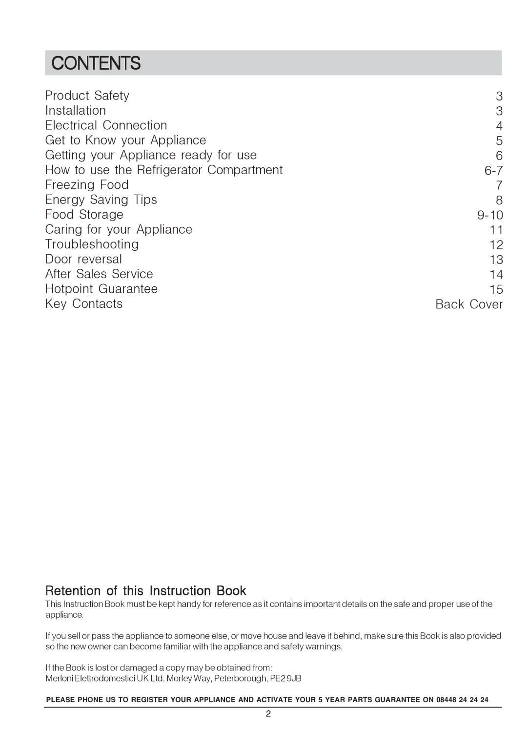 Hotpoint RSA manual Contents 