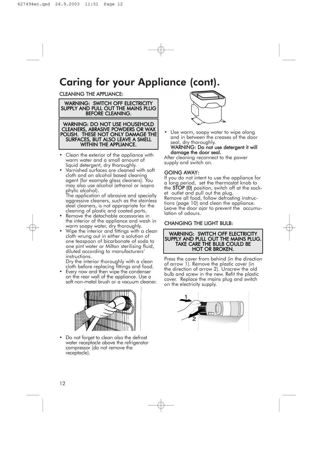 Hotpoint RSR50V manual Cleaning the Appliance 