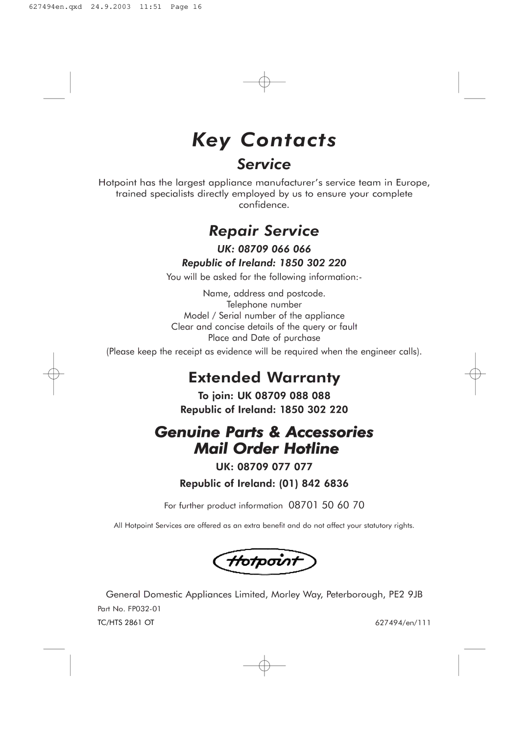 Hotpoint RSR50V manual Key Contacts 