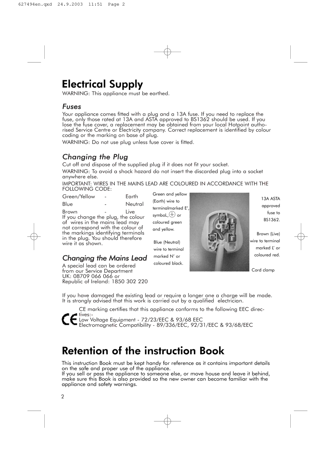 Hotpoint RSR50V manual Electrical Supply 