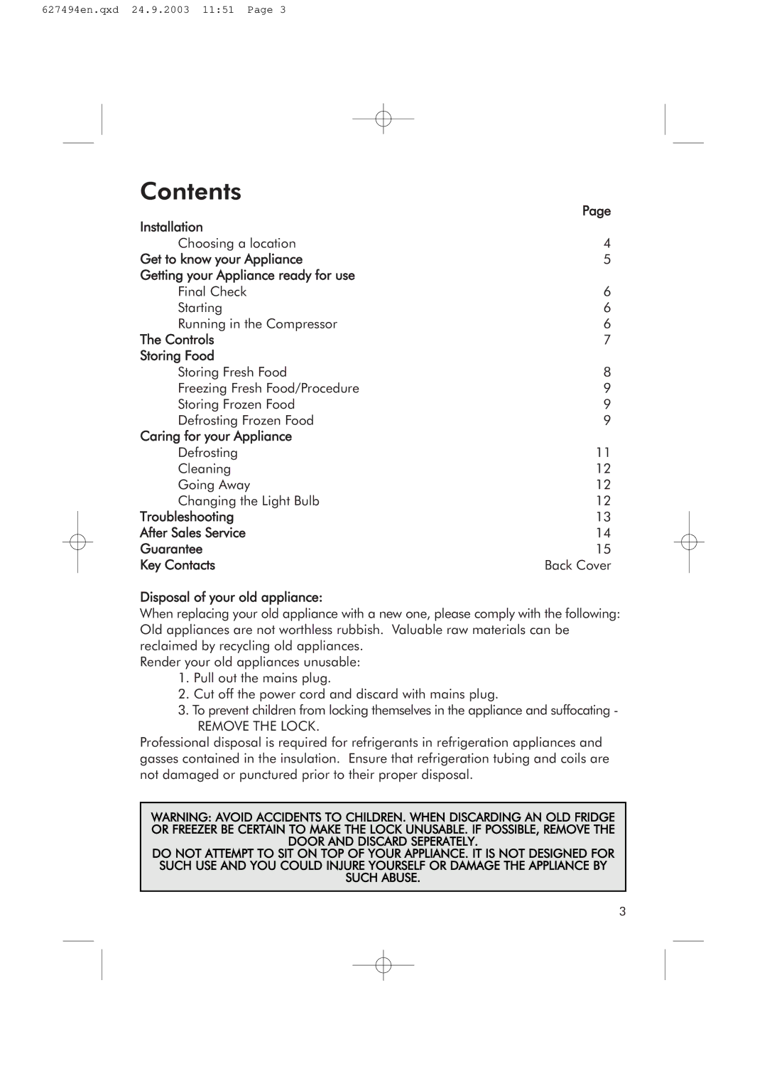 Hotpoint RSR50V manual Contents 