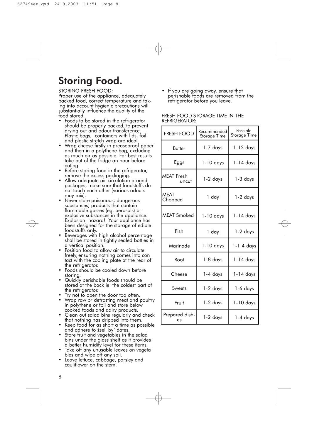 Hotpoint RSR50V manual Storing Food, Storing Fresh Food, Fresh Food Storage Time in the Refrigerator, Meat 