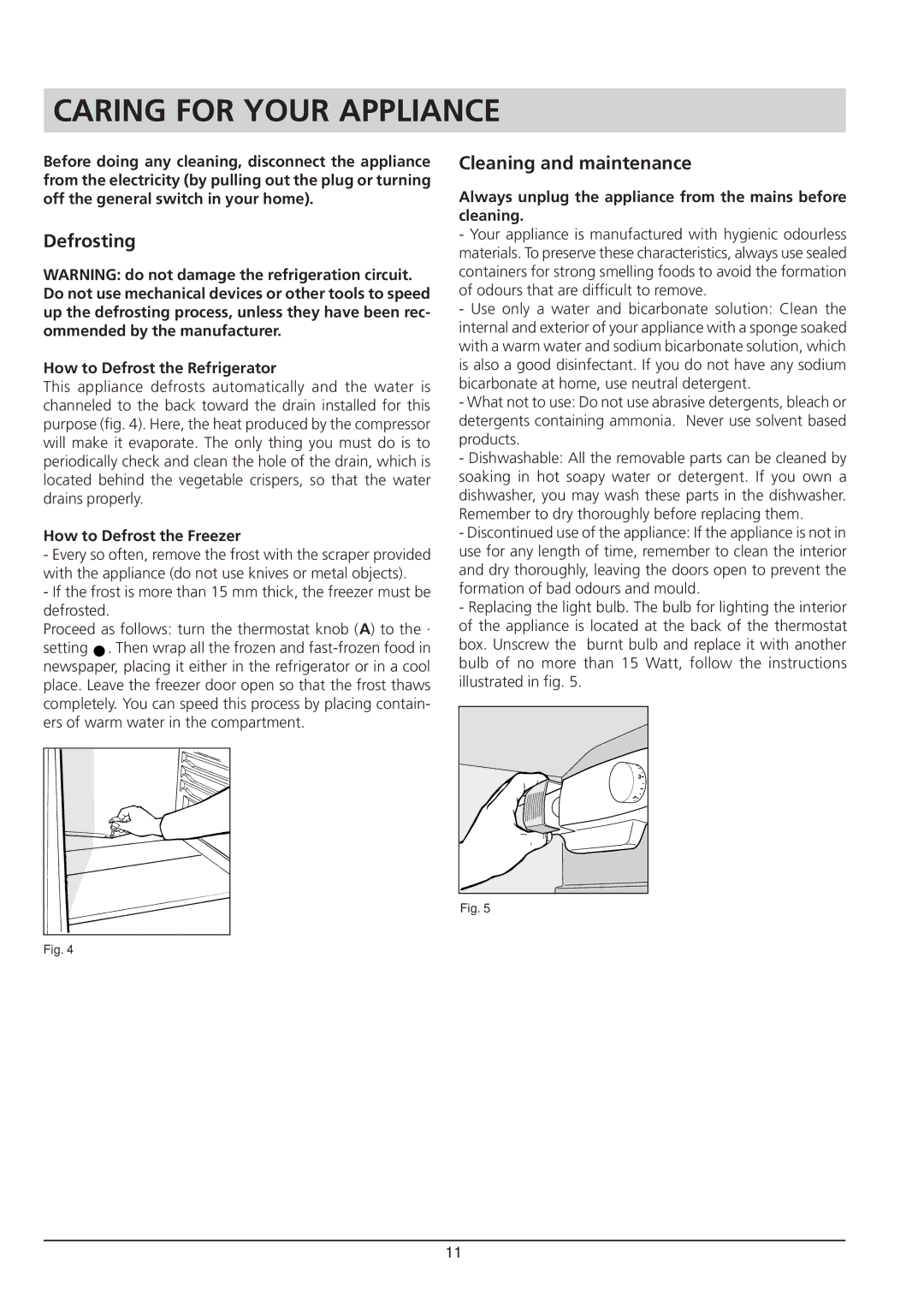 Hotpoint RTA 41 manual Caring for Your Appliance, Defrosting, Cleaning and maintenance 