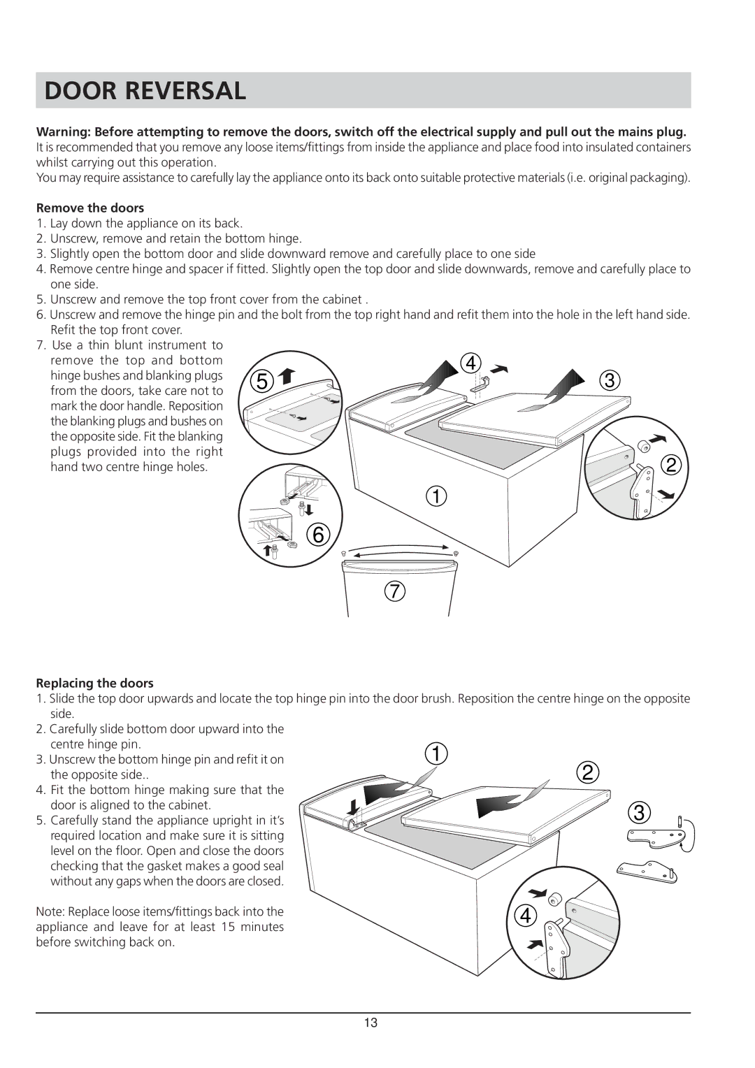 Hotpoint RTA 41 manual Door Reversal, Remove the doors, Replacing the doors 