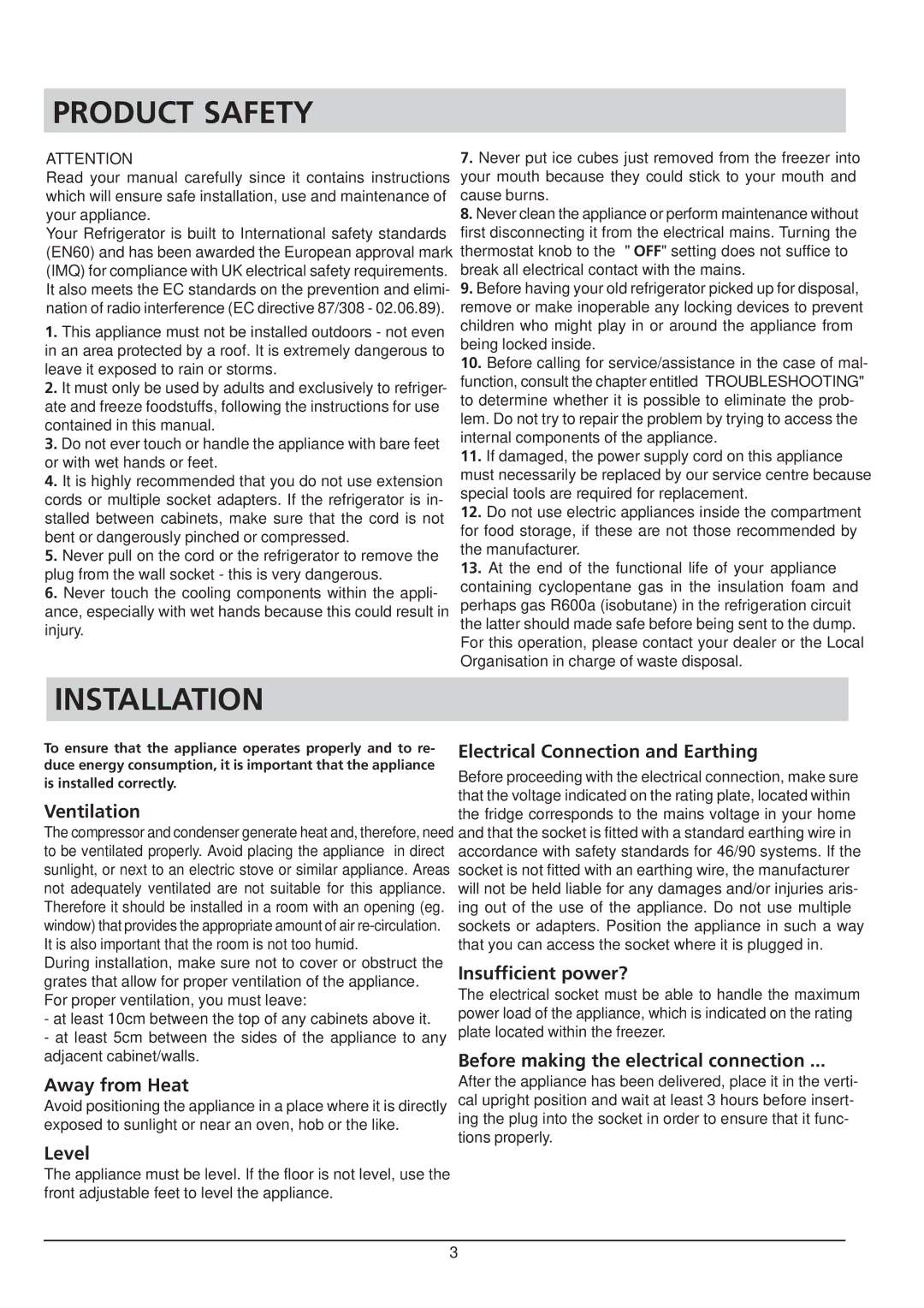 Hotpoint RTA 41 manual Product Safety, Installation 