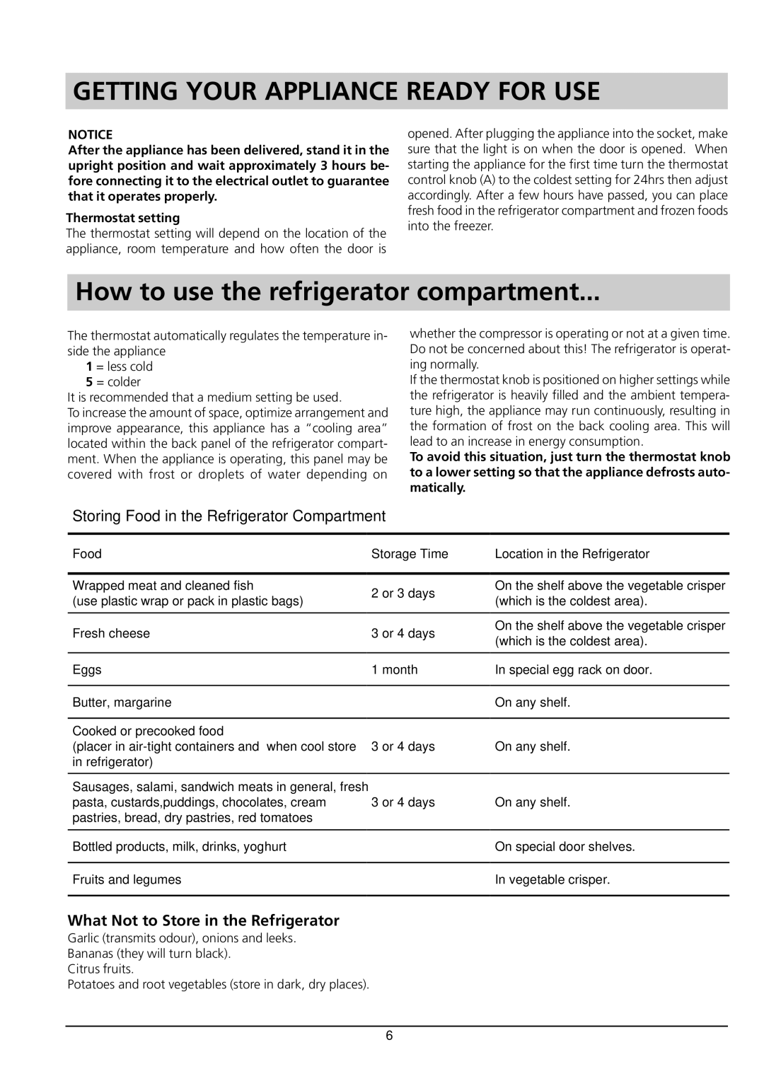 Hotpoint RTA 41 manual Getting Your Appliance Ready for USE, What Not to Store in the Refrigerator 