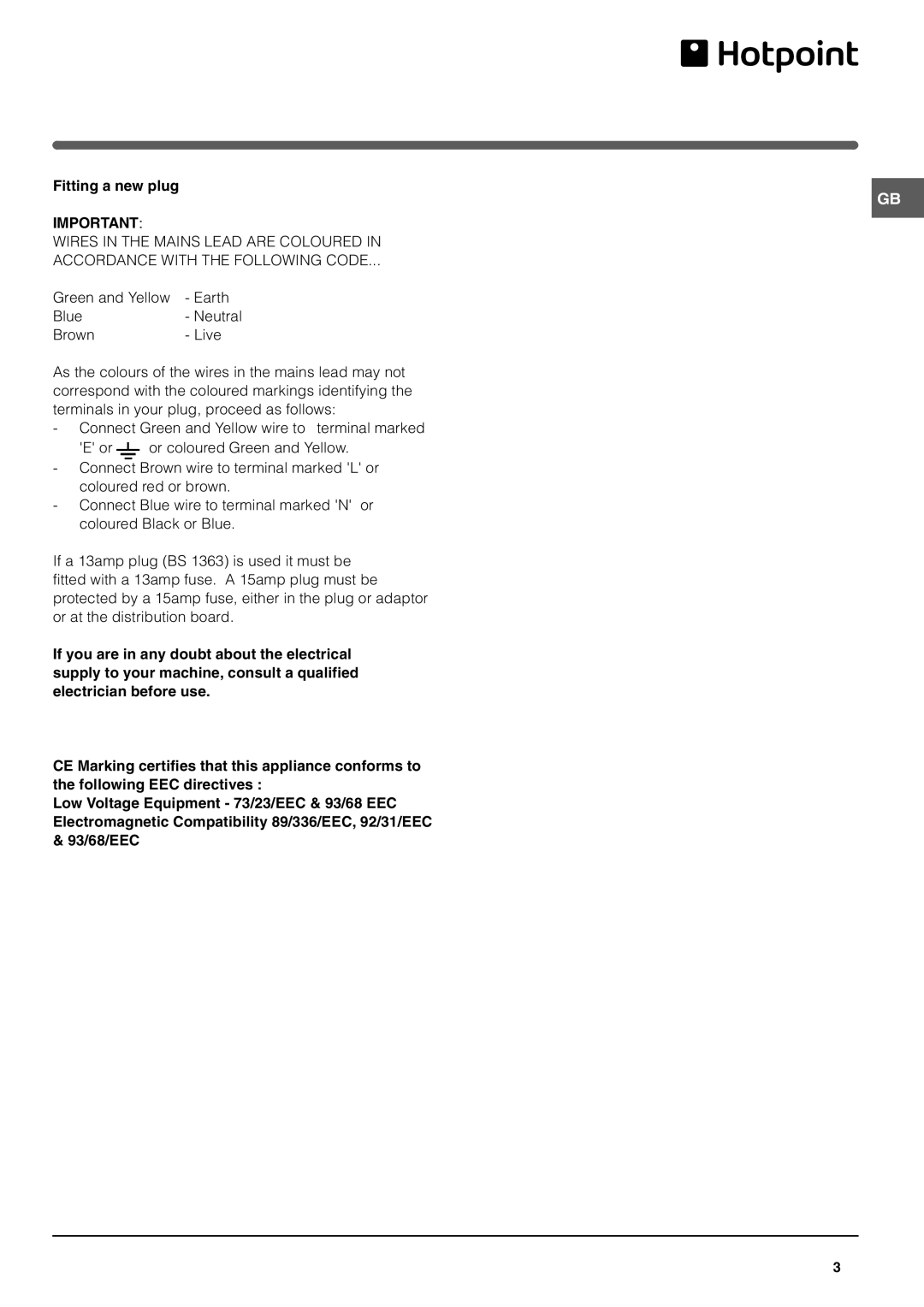 Hotpoint RTA 42 operating instructions Fitting a new plug 