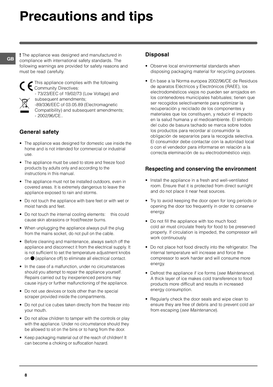 Hotpoint RTA 42 Precautions and tips, General safety, Disposal, Respecting and conserving the environment 