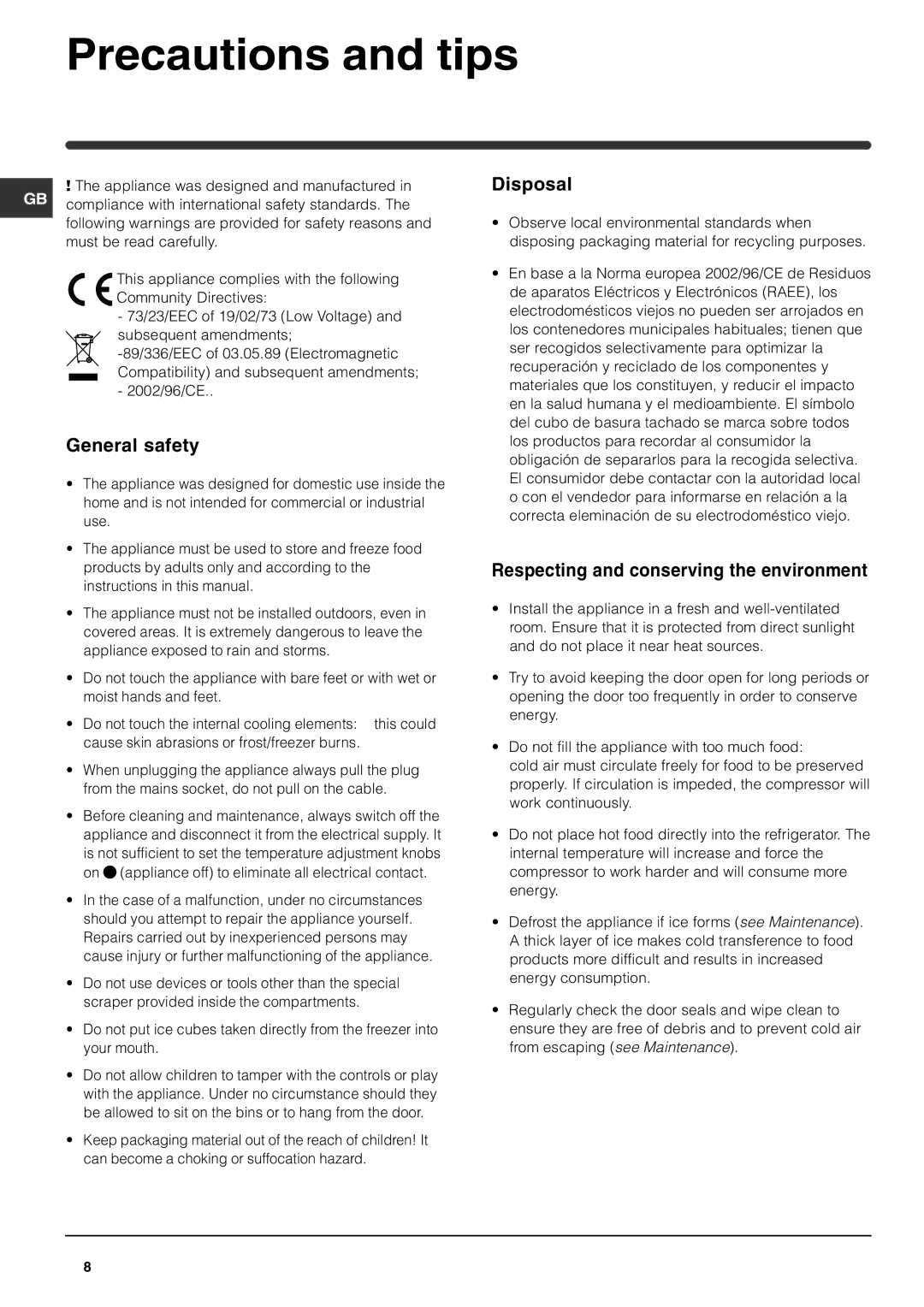 Hotpoint RTM 70 S Precautions and tips, General safety, Disposal, Respecting and conserving the environment 