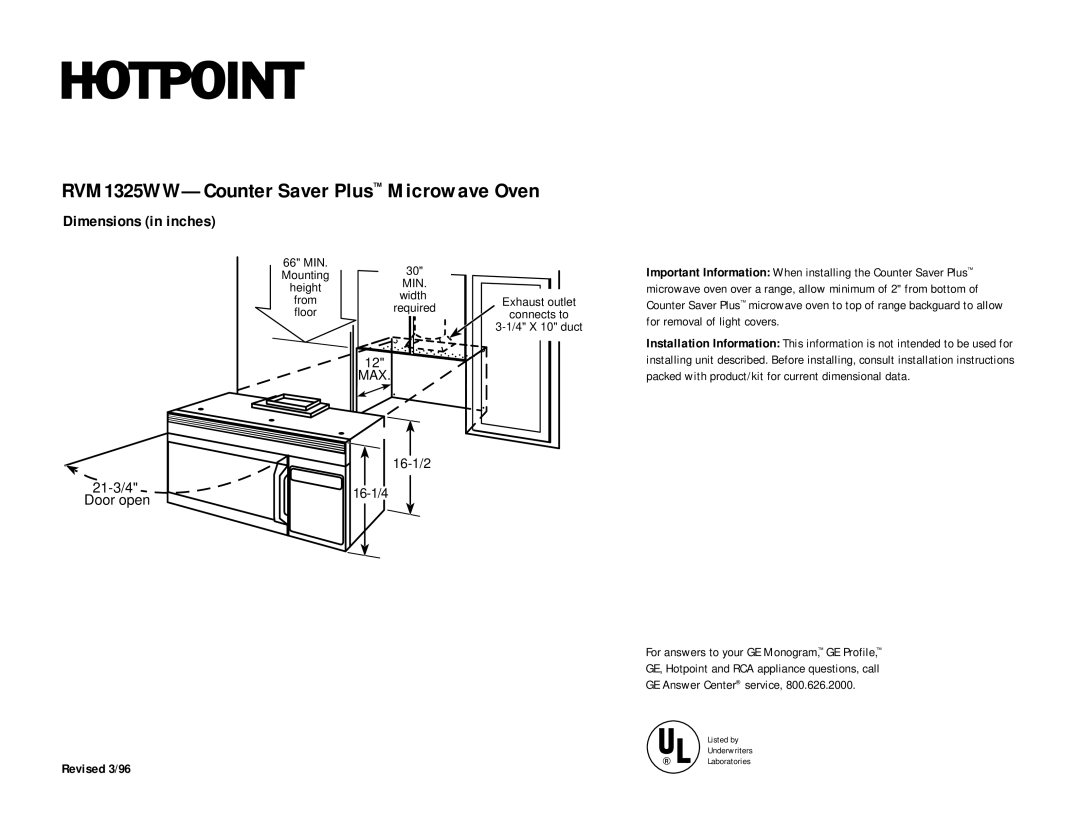 Hotpoint dimensions RVM1325WW-Counter Saver Plus Microwave Oven, Dimensions in inches, 21-3/4 