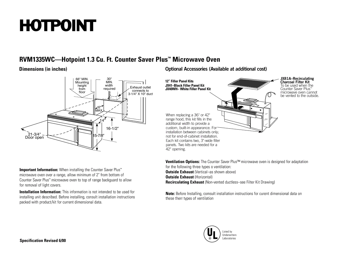 Hotpoint RVM1335WC dimensions Dimensions in inches, Optional Accessories Available at additional cost 