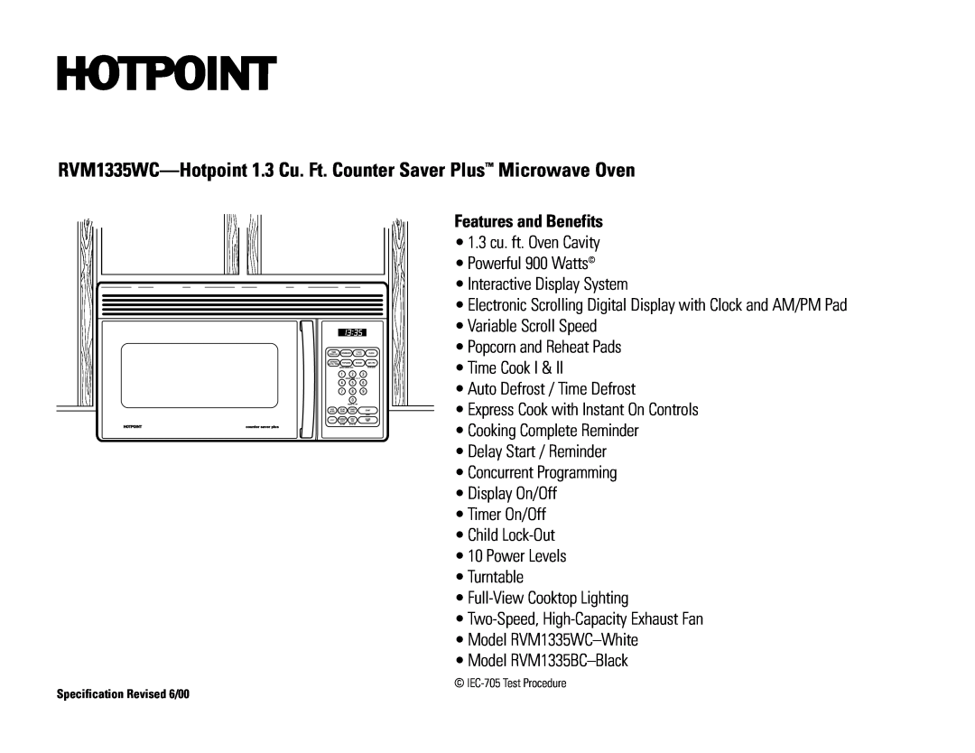 Hotpoint dimensions RVM1335WC-Hotpoint 1.3 Cu. Ft. Counter Saver Plus Microwave Oven, Features and Benefits 