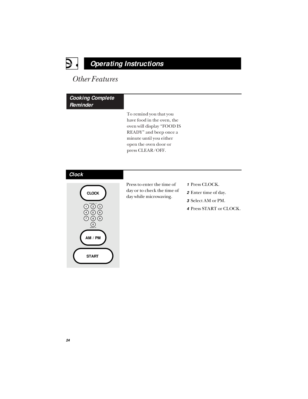 Hotpoint RVM1425 owner manual Other Features, Cooking Complete Reminder, Clock 