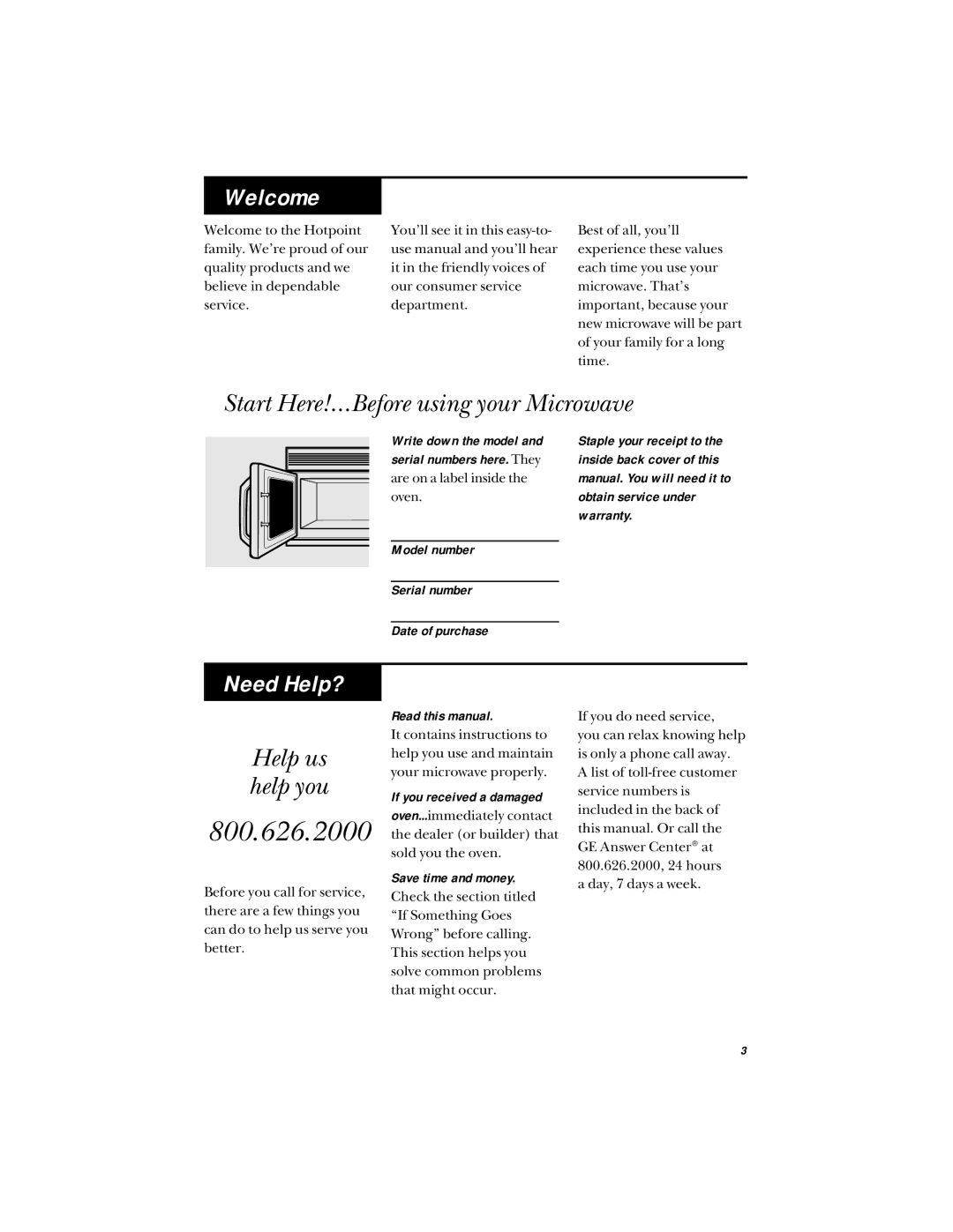 Hotpoint RVM1425 owner manual Welcome, Start Here!…Before using your Microwave, Need Help?, Help us help you 