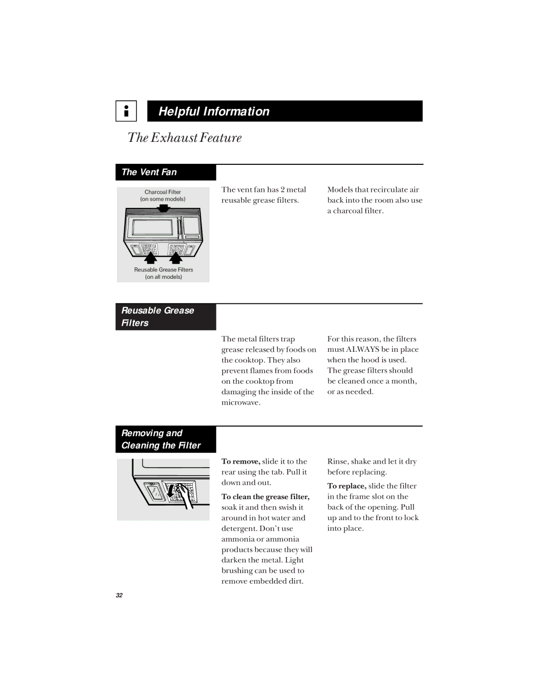 Hotpoint RVM1425 owner manual Exhaust Feature, Reusable Grease Filters, Removing Cleaning the Filter 