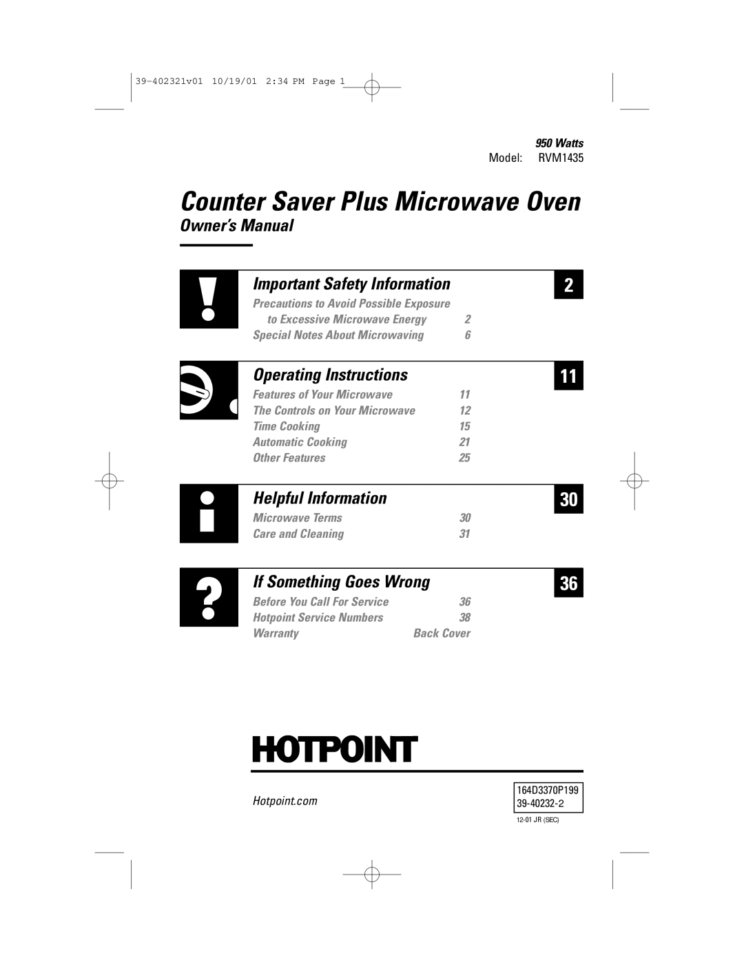 Hotpoint RVM1435 owner manual Counter Saver Plus Microwave Oven, Watts 