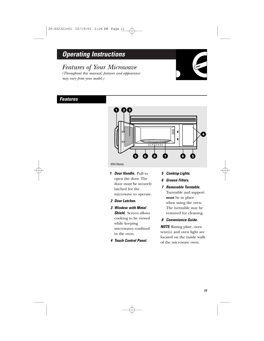 Hotpoint RVM1435 owner manual Operating Instructions, Features of Your Microwave, Convenience Guide 