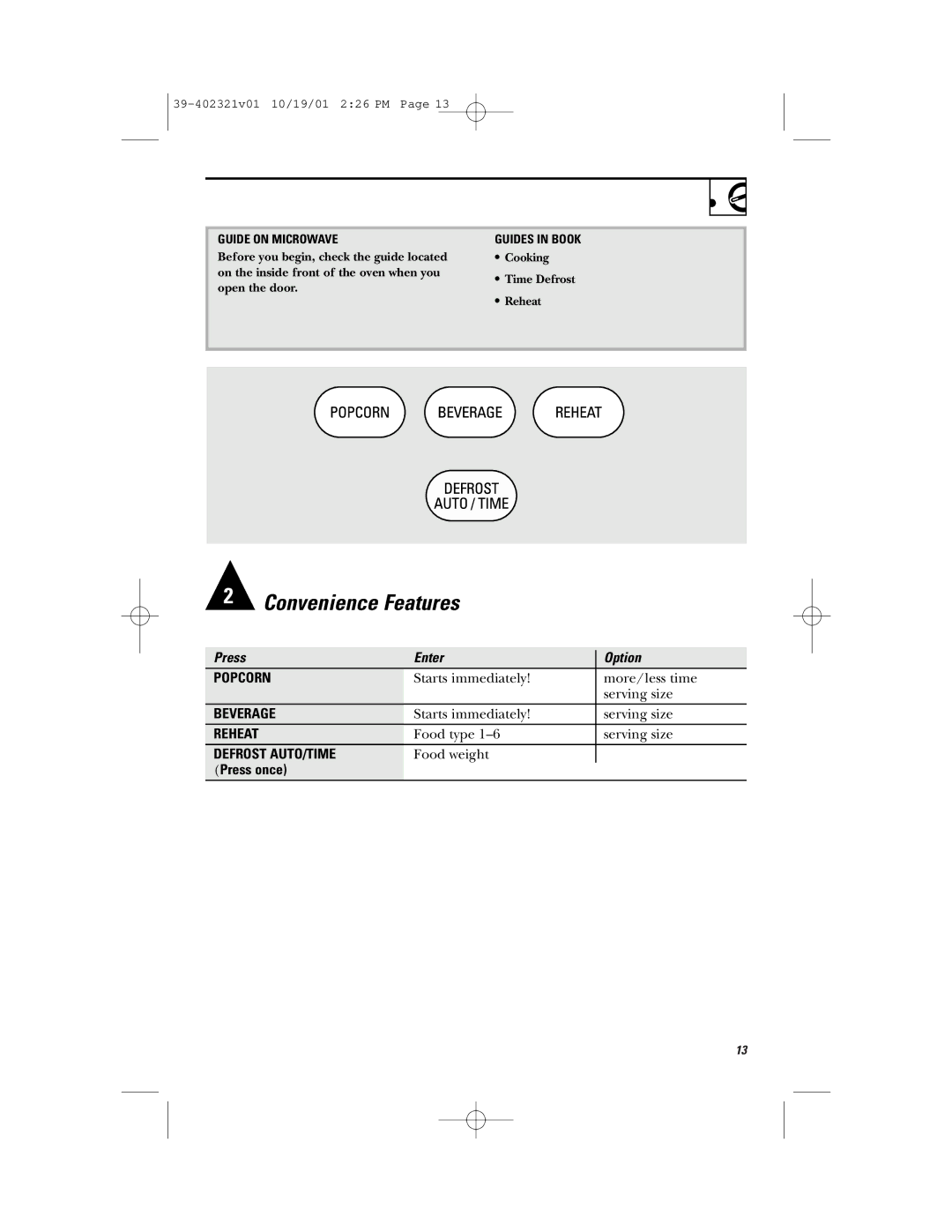 Hotpoint RVM1435 owner manual Press Enter Option, Guide on Microwave Guides in Book 