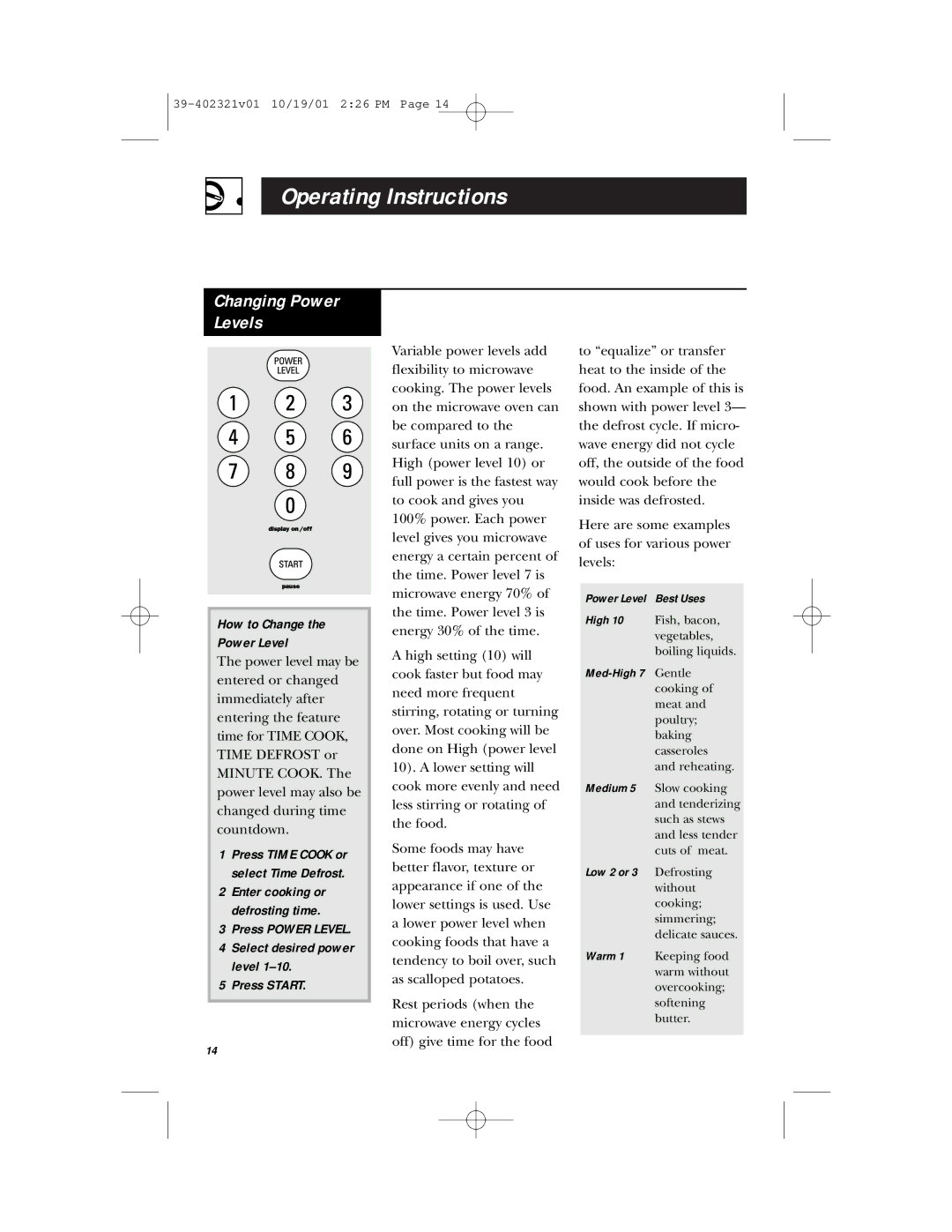 Hotpoint RVM1435 owner manual Changing Power Levels, How to Change Power Level 