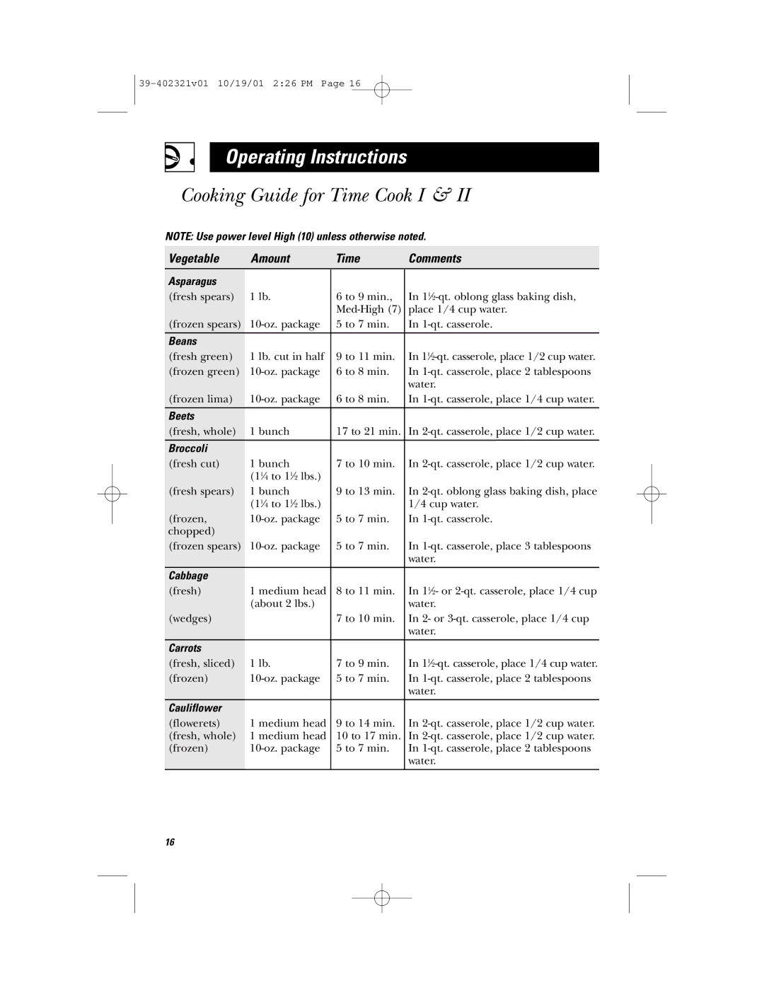 Hotpoint RVM1435 owner manual Cooking Guide for Time Cook I, Vegetable Amount Time Comments 