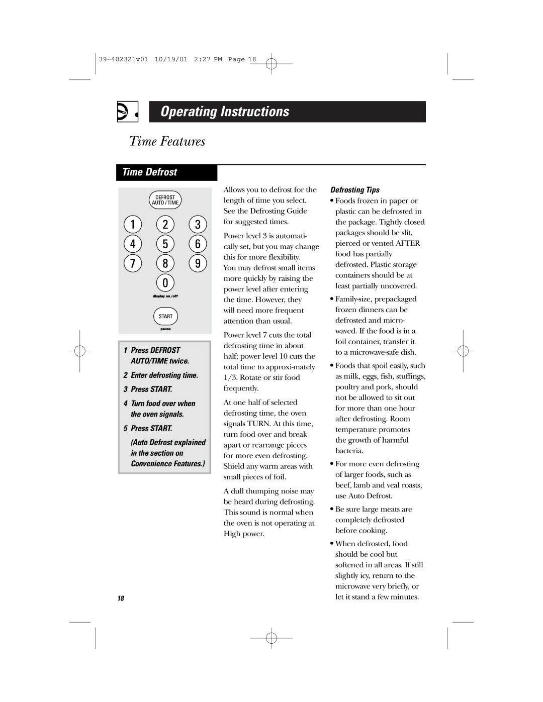 Hotpoint RVM1435 owner manual Time Defrost, Enter defrosting time Press Start, Defrosting Tips 