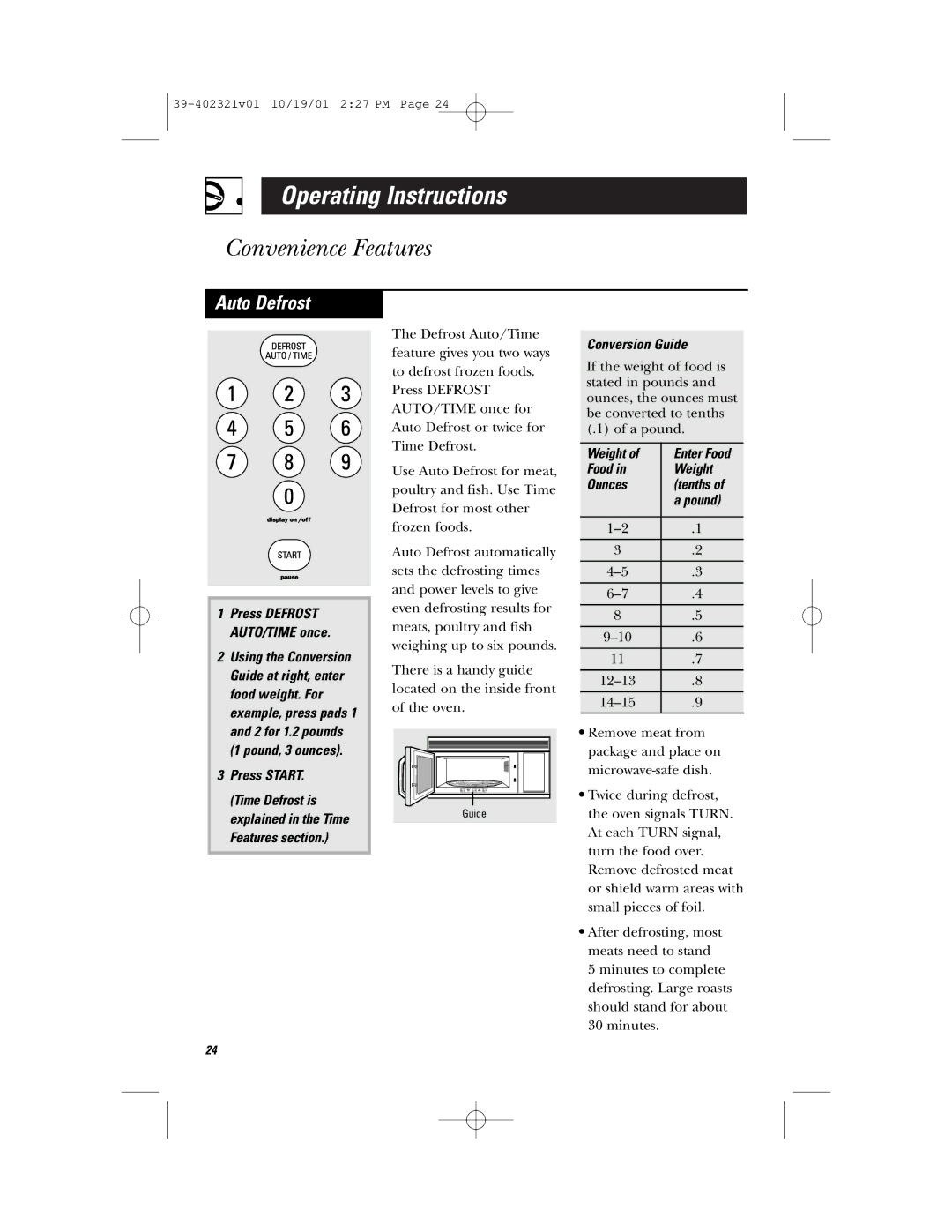 Hotpoint RVM1435 owner manual Auto Defrost, Conversion Guide, Food Weight Ounces Tenths Pound 