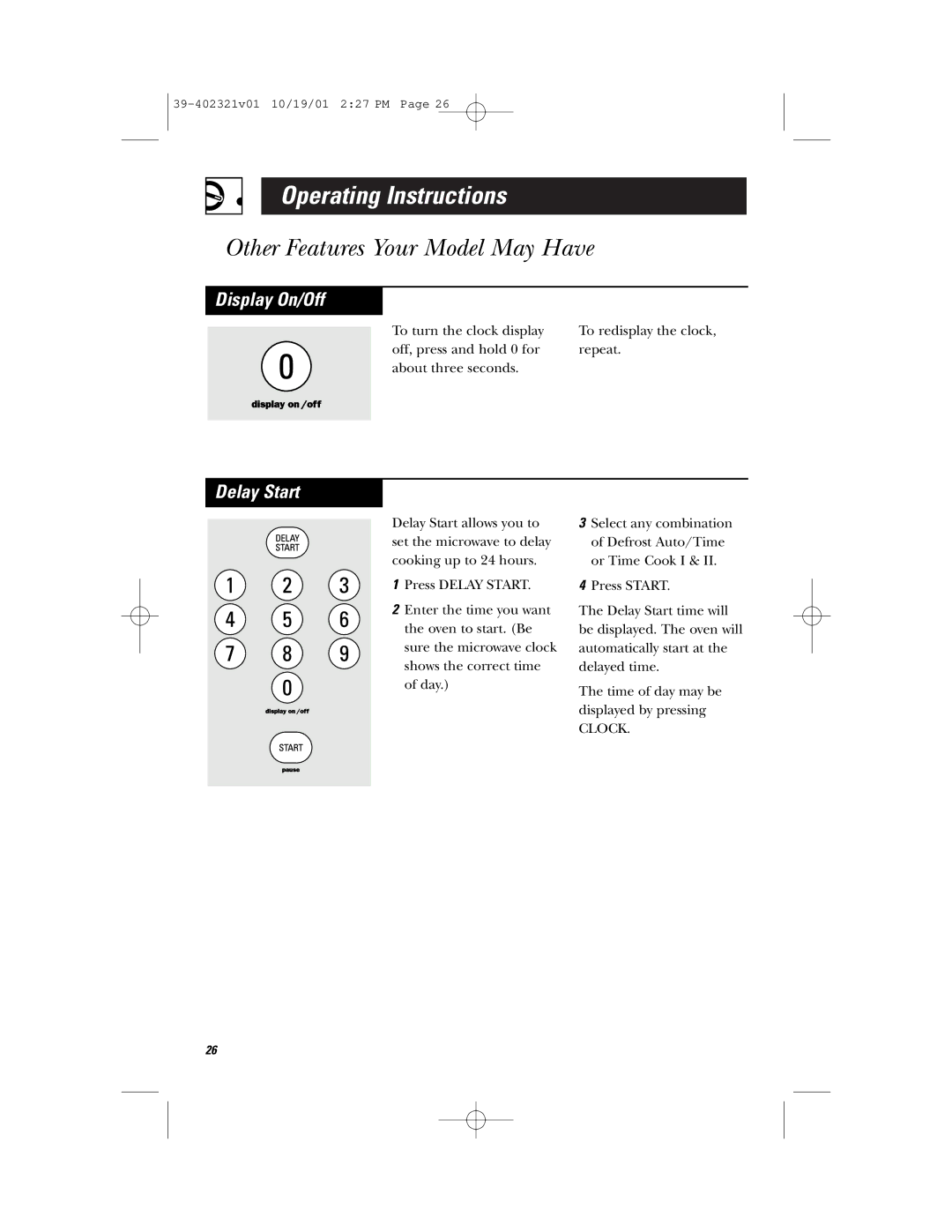 Hotpoint RVM1435 owner manual Display On/Off, Delay Start 