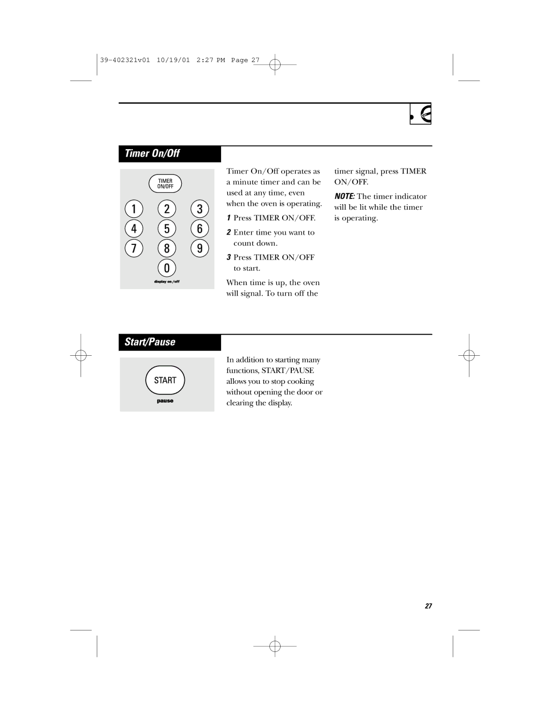 Hotpoint RVM1435 owner manual Timer On/Off, Start/Pause 